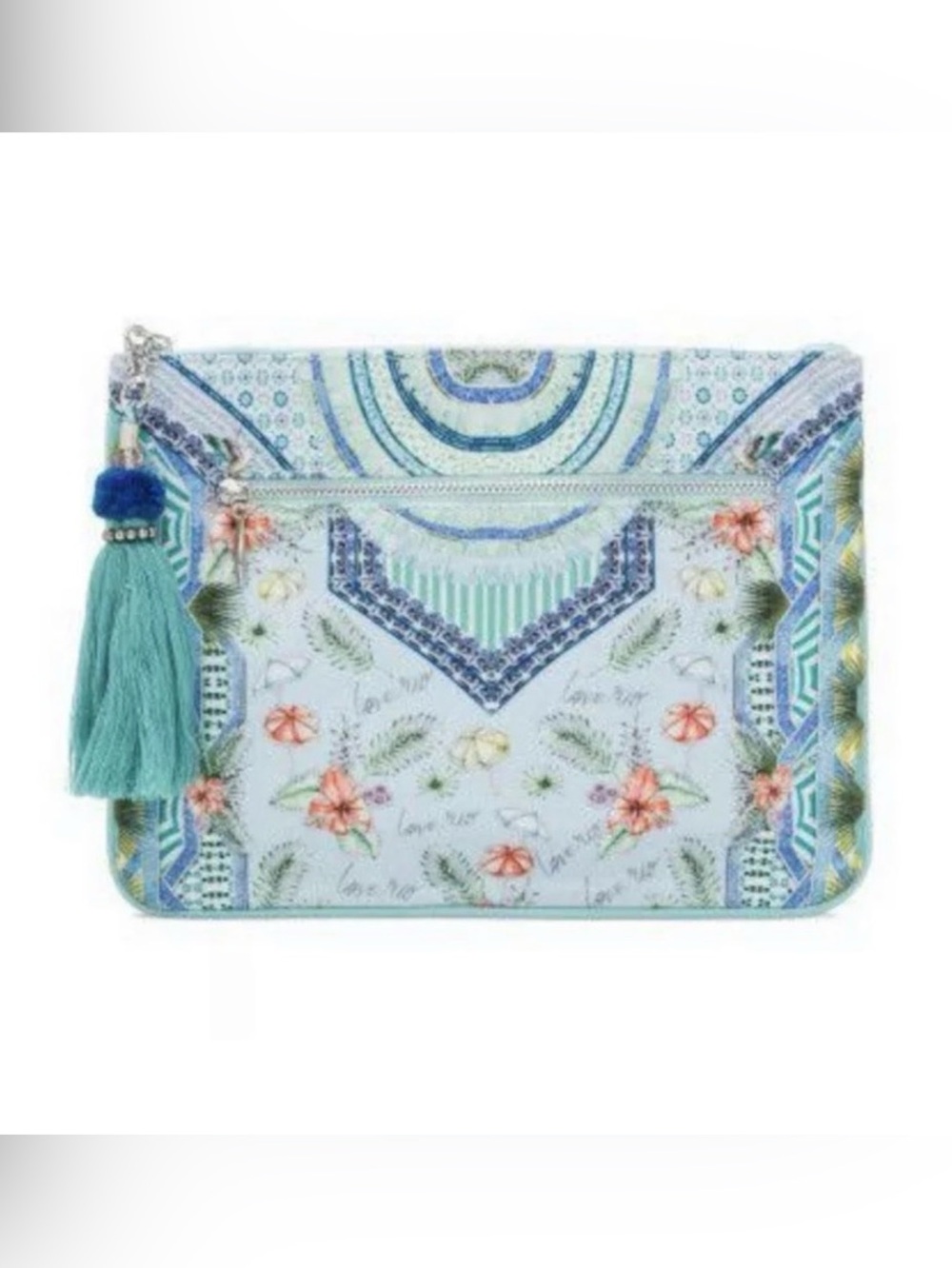 Camilla Shades of Rio Floral Blue-Green Canvas Tassel Clutch